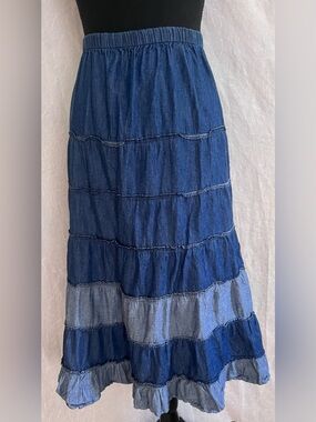 Tiered Blue Denim Maxi Skirt - Elastic Waist